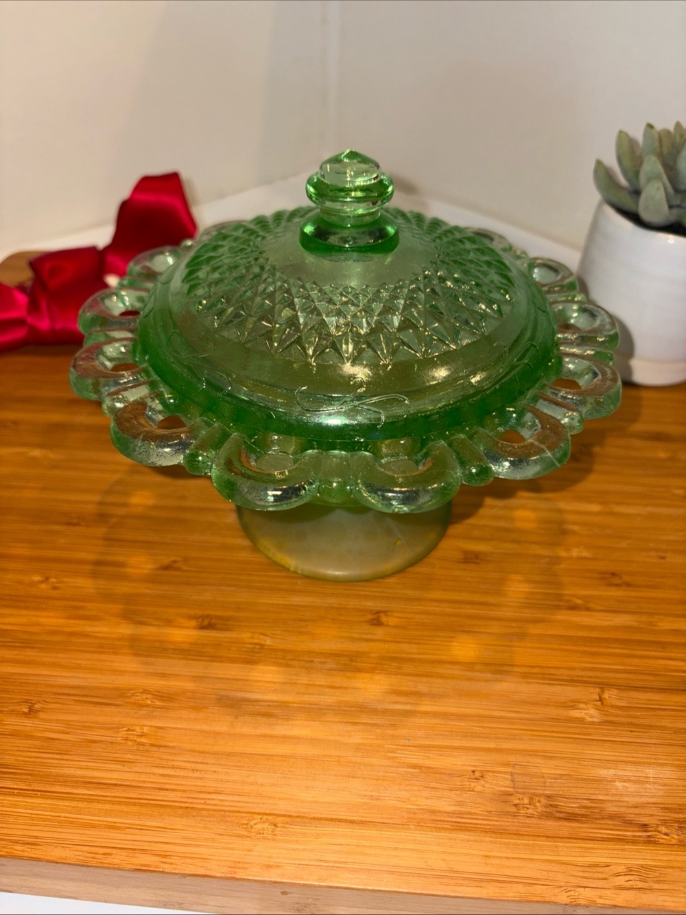Vintage Indiana  Glass Covered Compote Pedestal Candy Dish Diamond Point